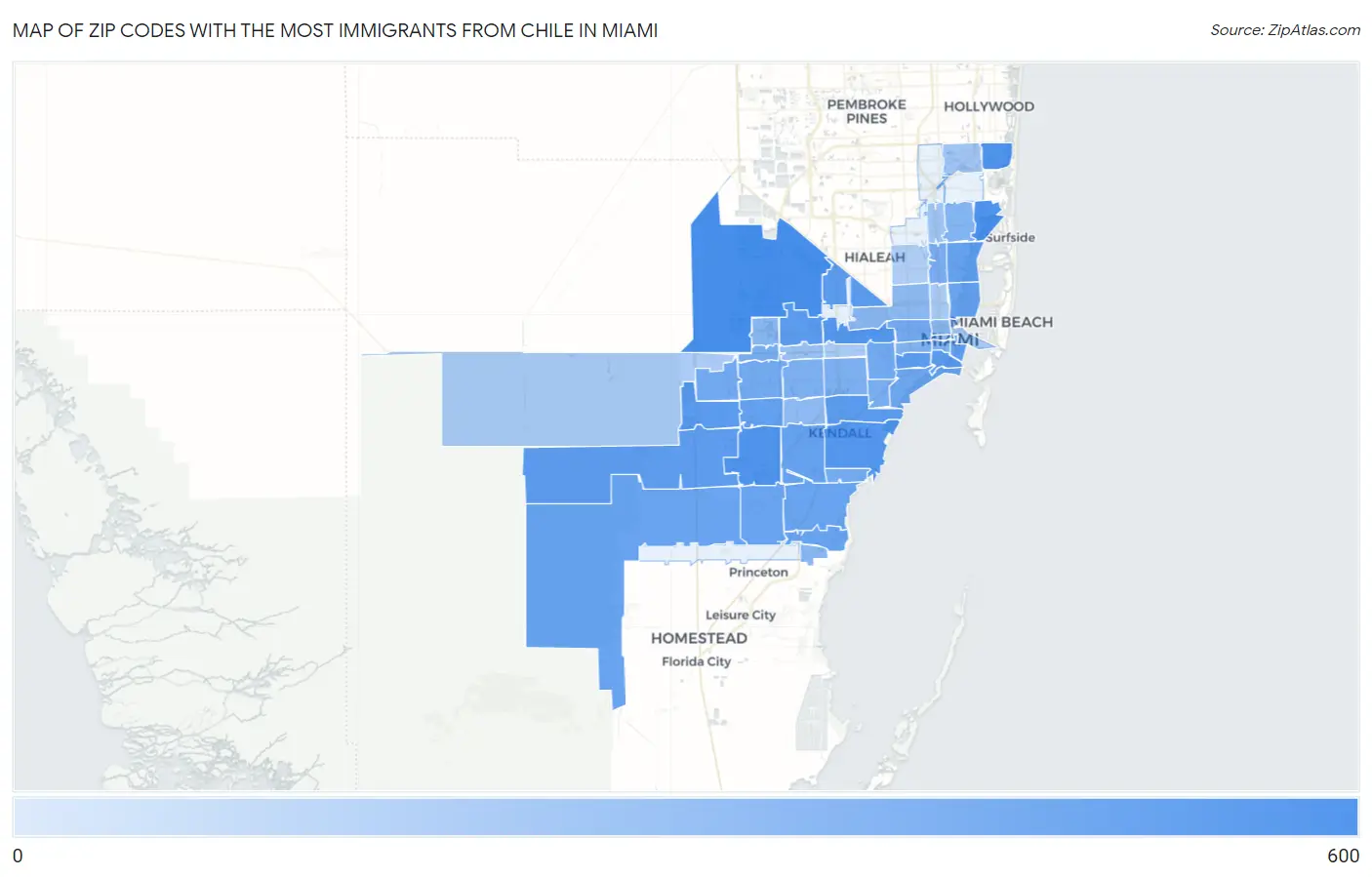 Zip Codes with the Most Immigrants from Chile in Miami Map