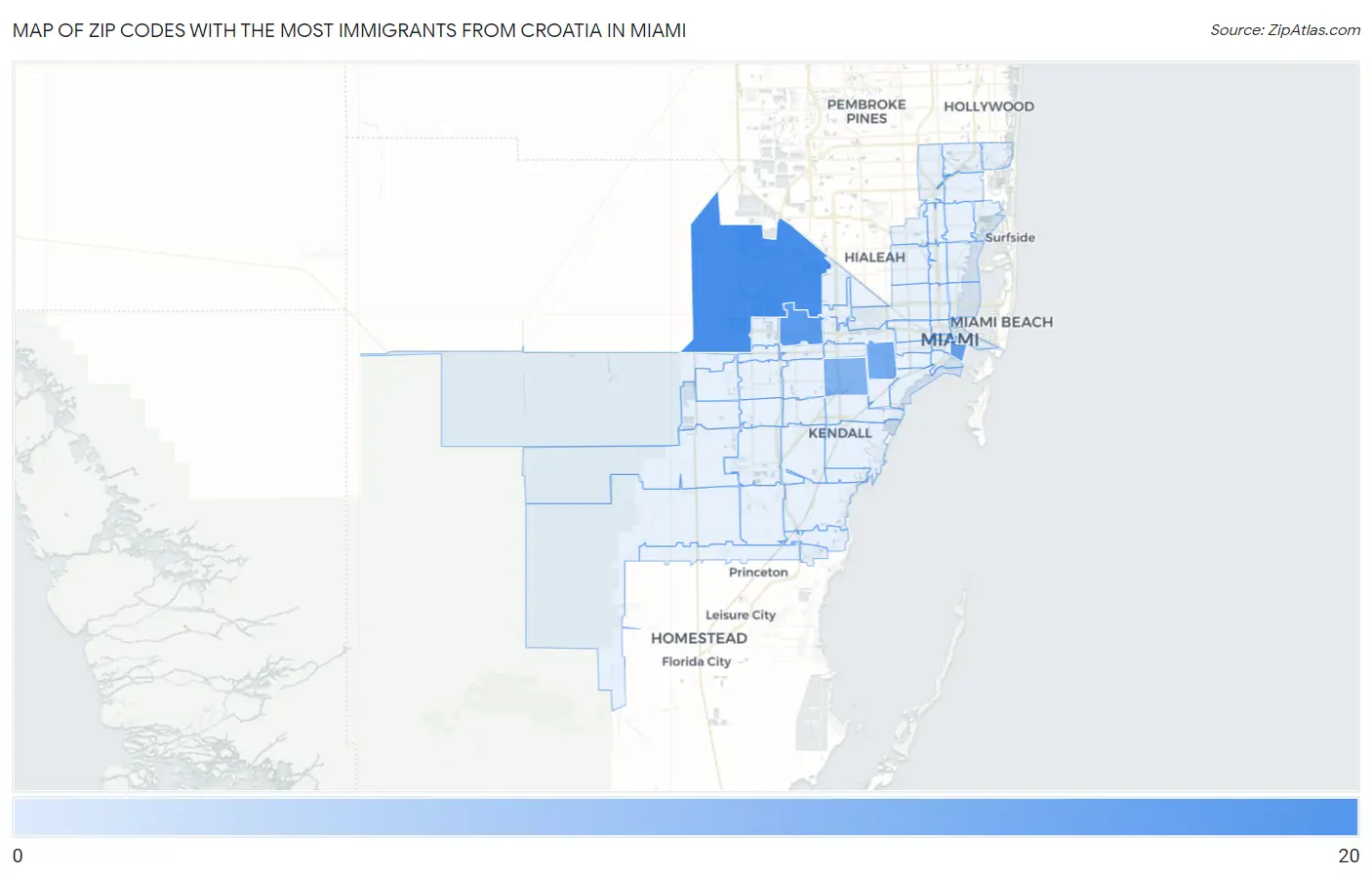 Zip Codes with the Most Immigrants from Croatia in Miami Map