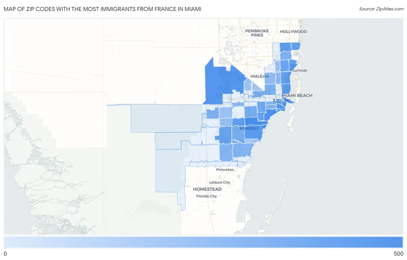Zip Codes with the Most Immigrants from France in Miami Map