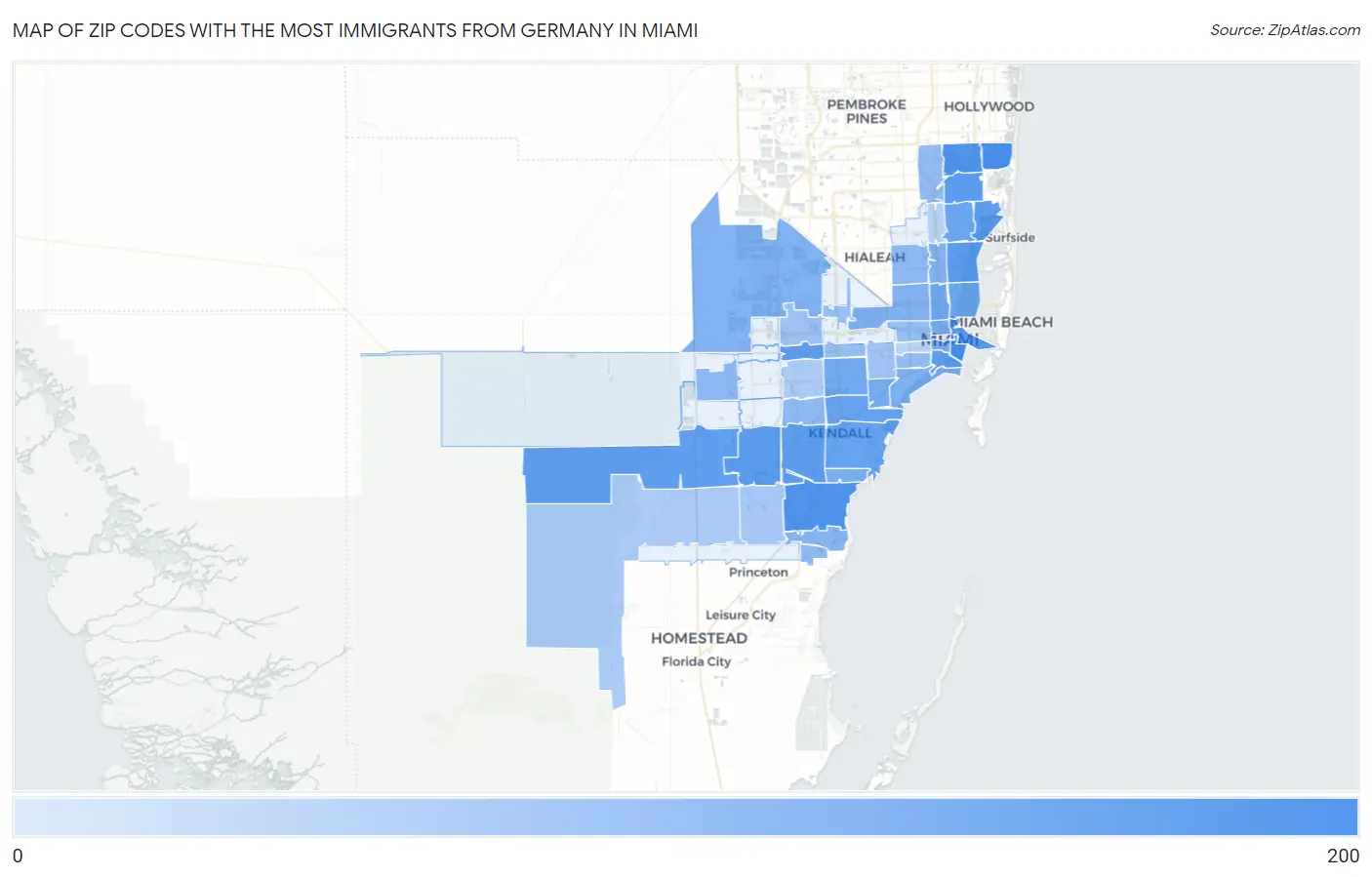 Zip Codes with the Most Immigrants from Germany in Miami Map