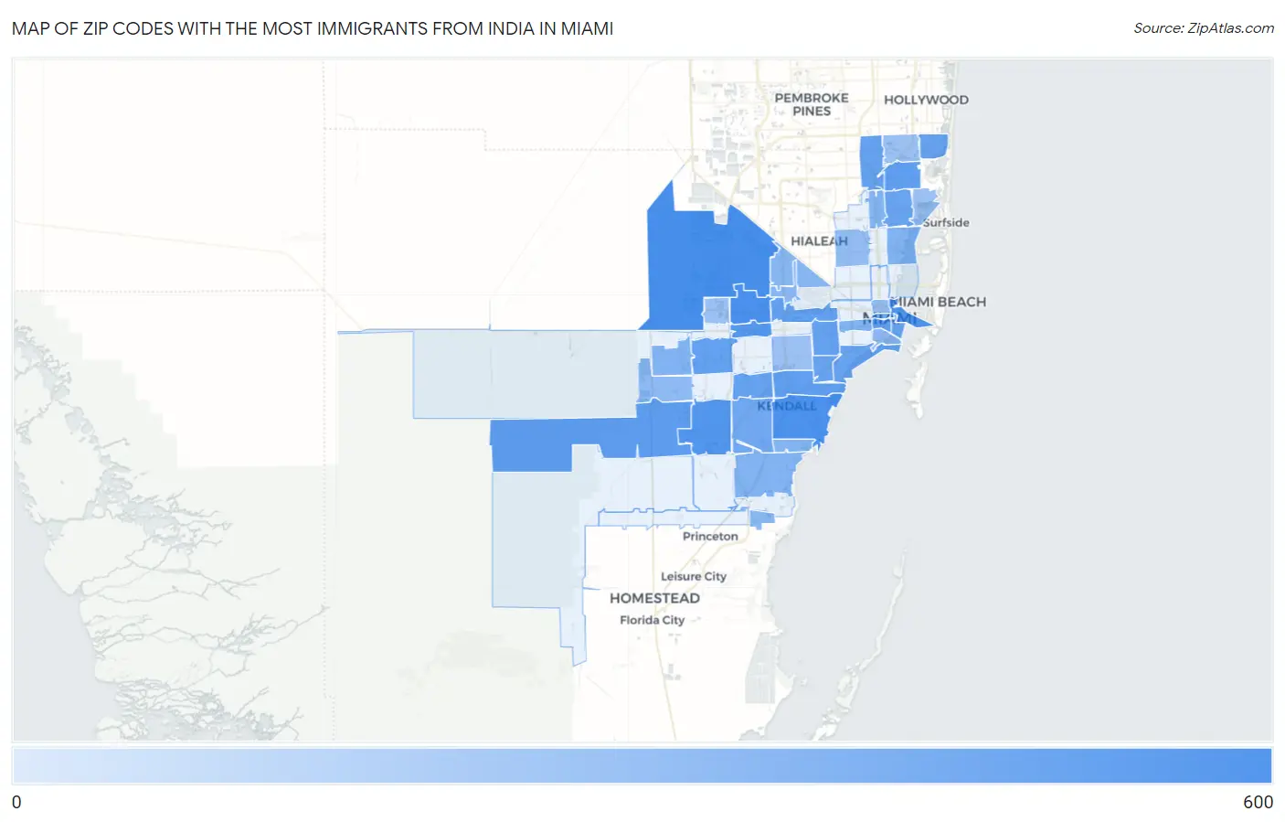 Zip Codes with the Most Immigrants from India in Miami Map