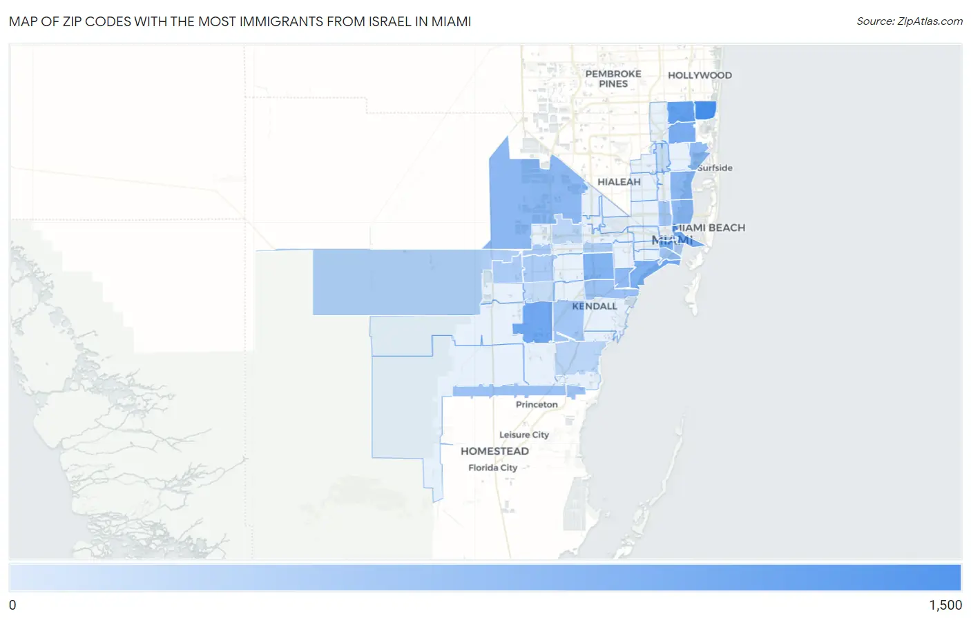 Zip Codes with the Most Immigrants from Israel in Miami Map
