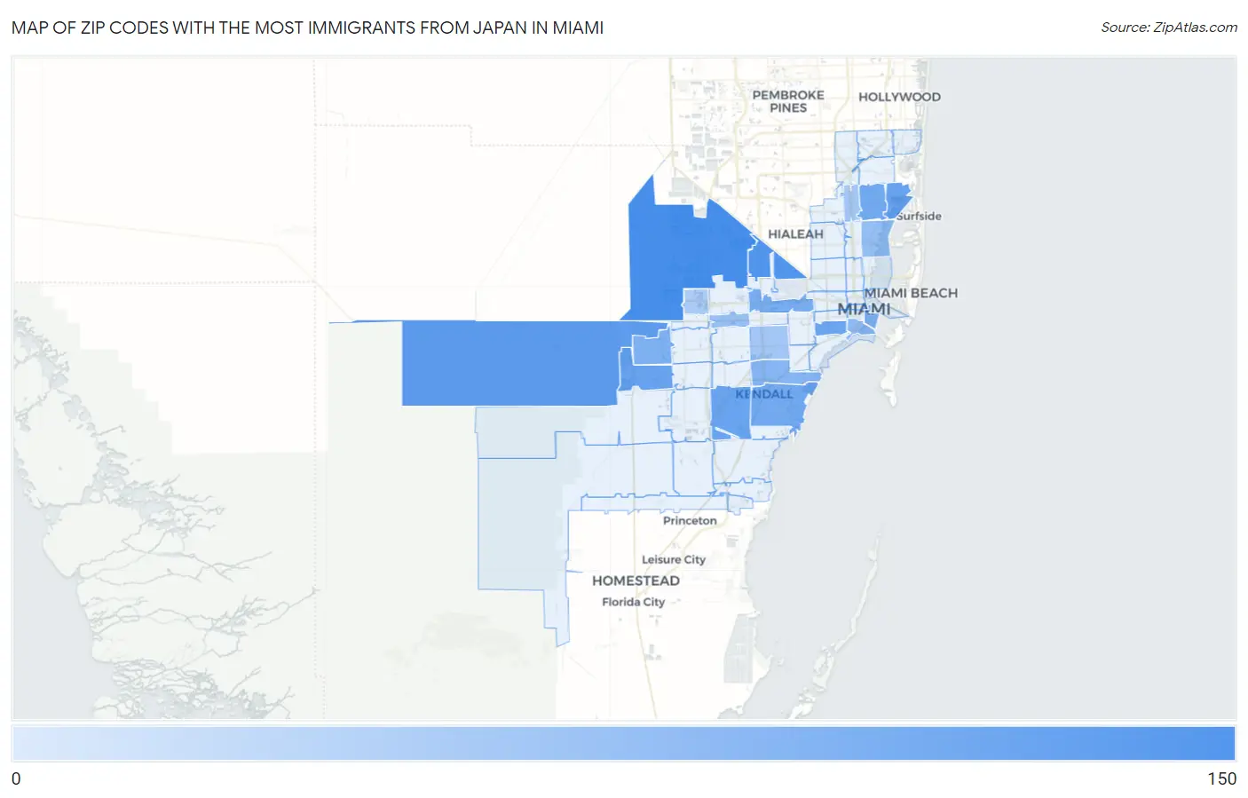 Zip Codes with the Most Immigrants from Japan in Miami Map