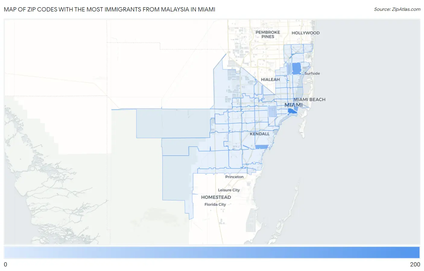Zip Codes with the Most Immigrants from Malaysia in Miami Map