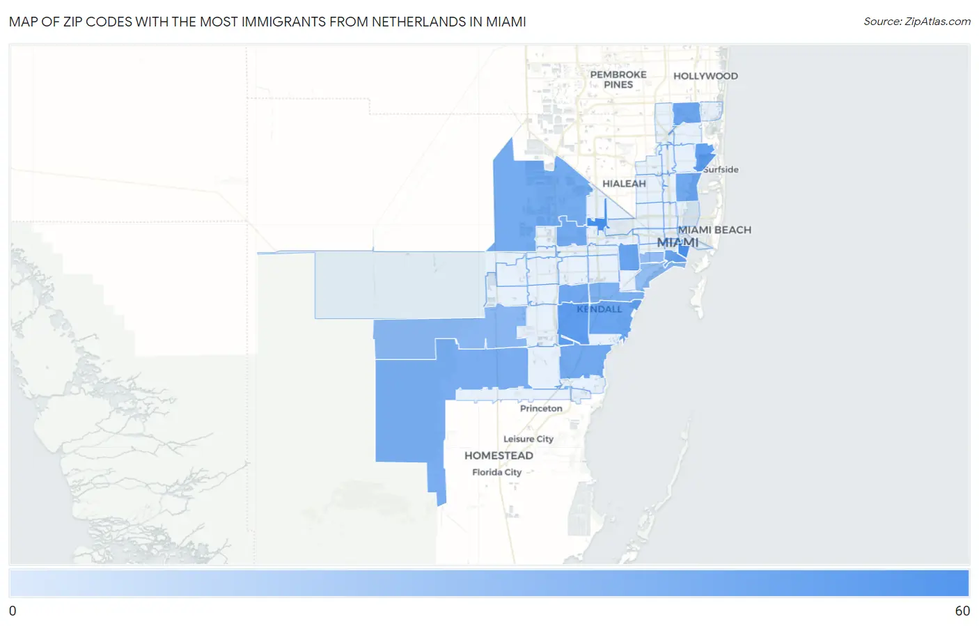 Zip Codes with the Most Immigrants from Netherlands in Miami Map