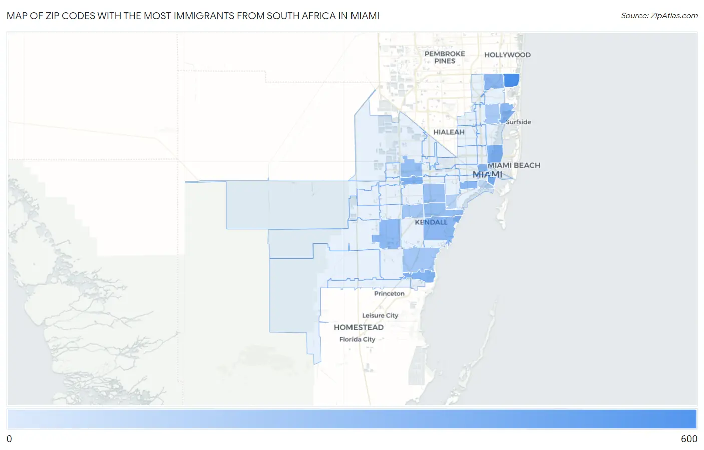 Zip Codes with the Most Immigrants from South Africa in Miami Map