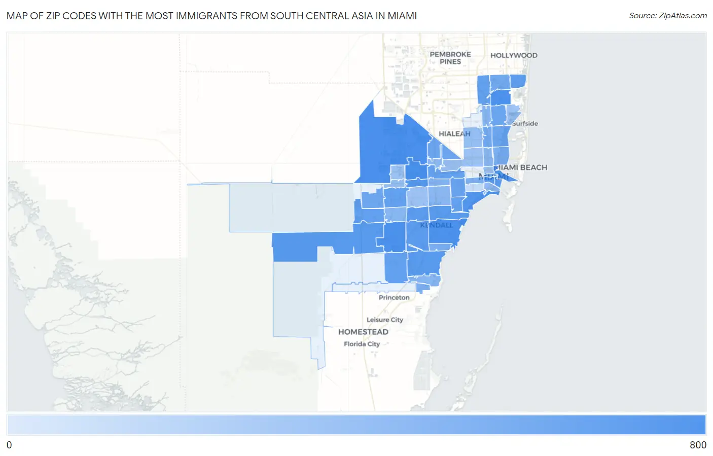 Zip Codes with the Most Immigrants from South Central Asia in Miami Map