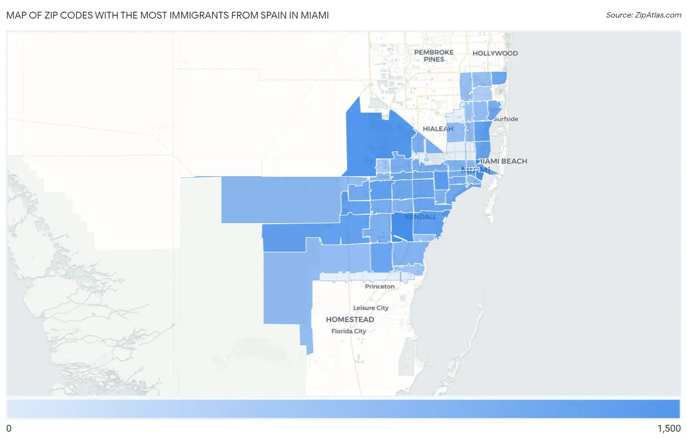 Zip Codes with the Most Immigrants from Spain in Miami Map