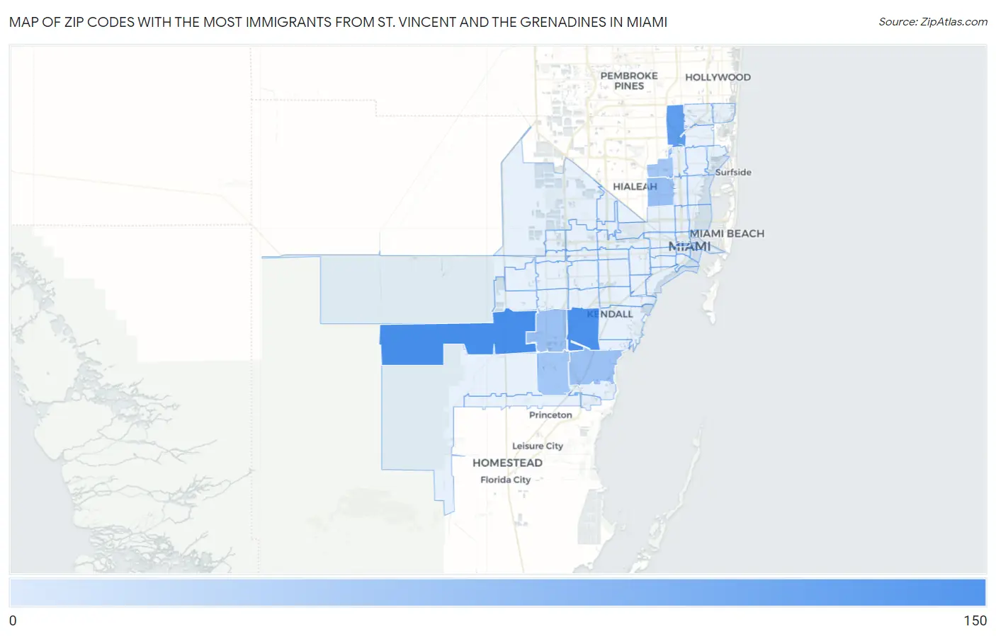 Zip Codes with the Most Immigrants from St. Vincent and the Grenadines in Miami Map