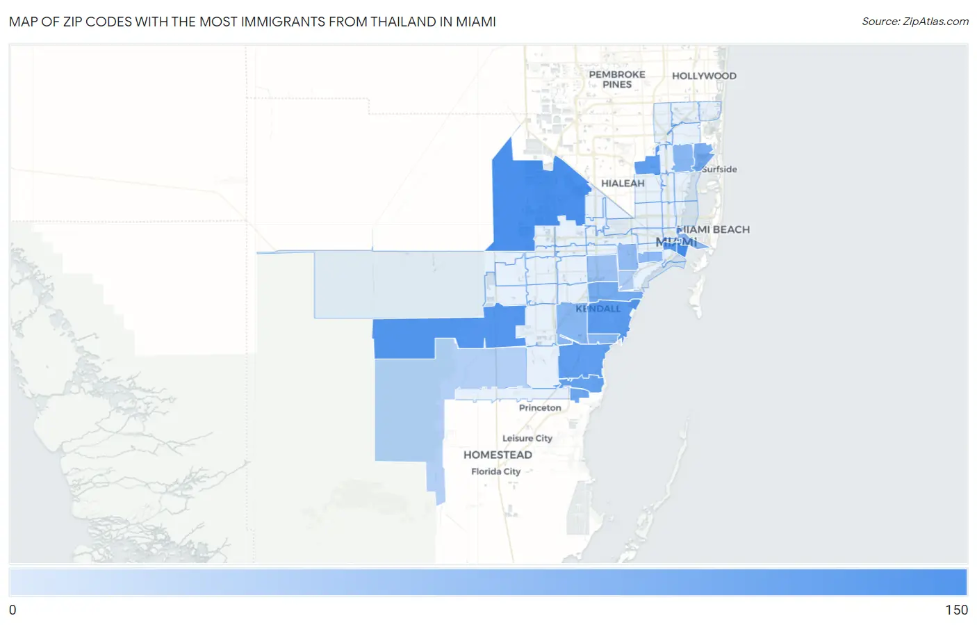 Zip Codes with the Most Immigrants from Thailand in Miami Map