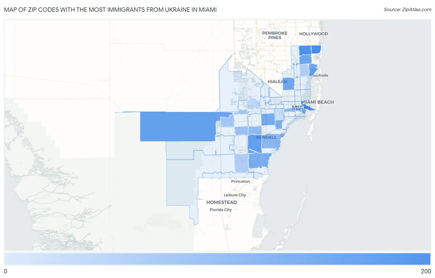 Zip Codes with the Most Immigrants from Ukraine in Miami Map