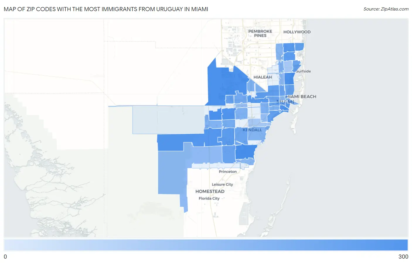 Zip Codes with the Most Immigrants from Uruguay in Miami Map