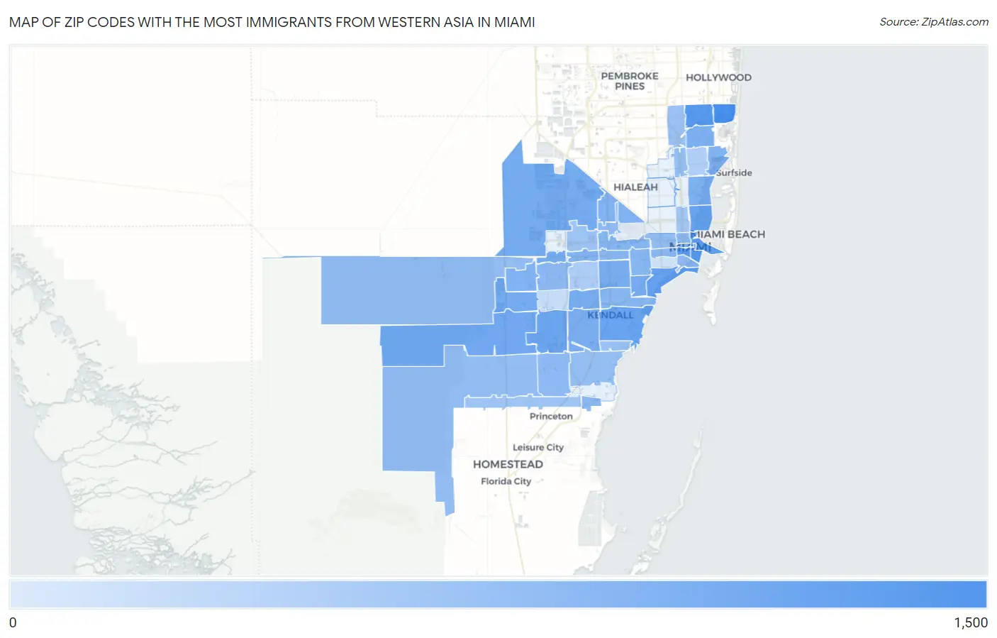 Zip Codes with the Most Immigrants from Western Asia in Miami Map