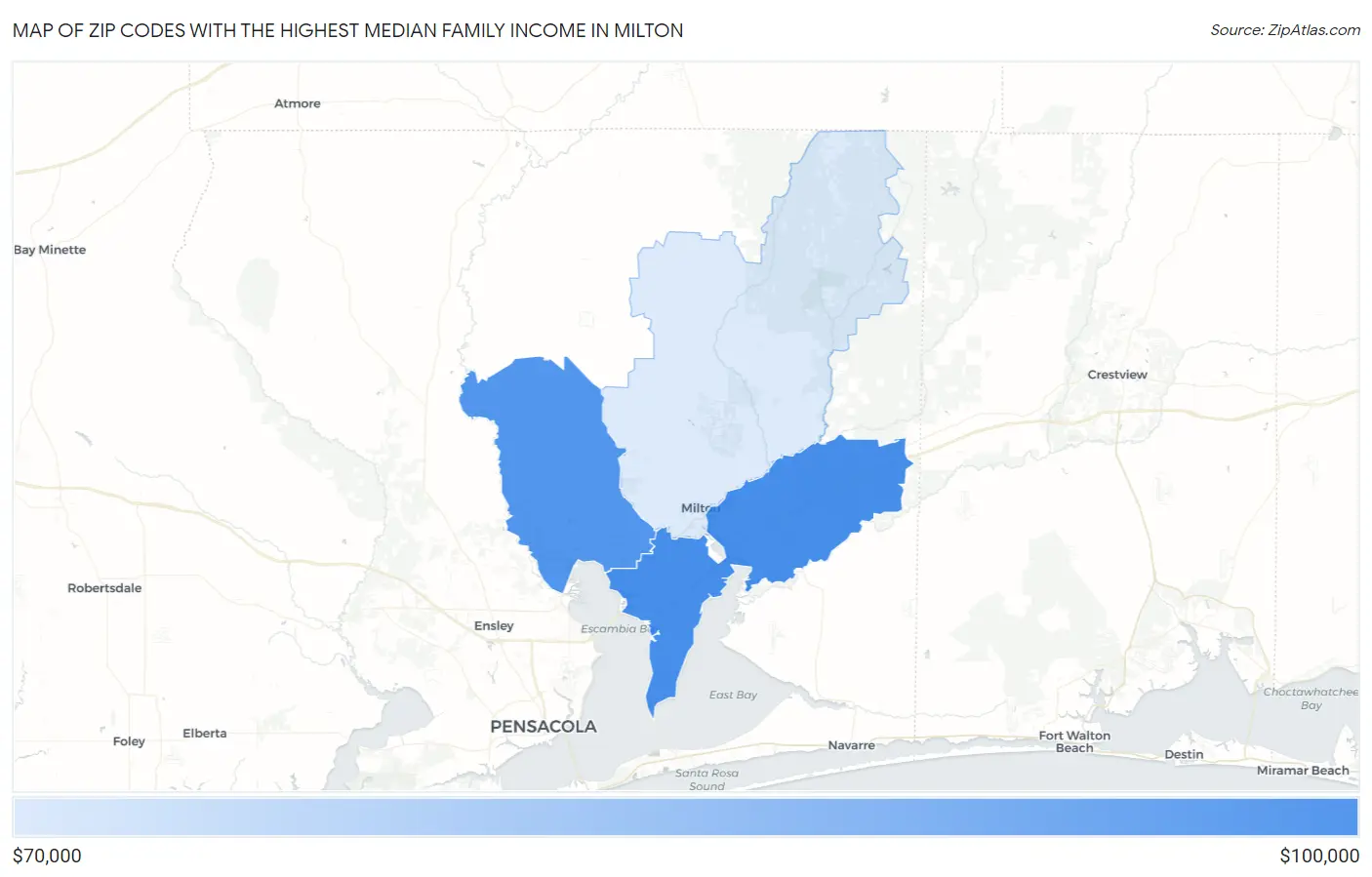 Zip Codes with the Highest Median Family Income in Milton Map