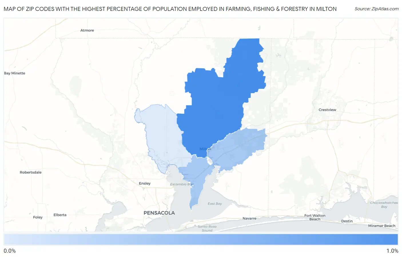 Zip Codes with the Highest Percentage of Population Employed in Farming, Fishing & Forestry in Milton Map