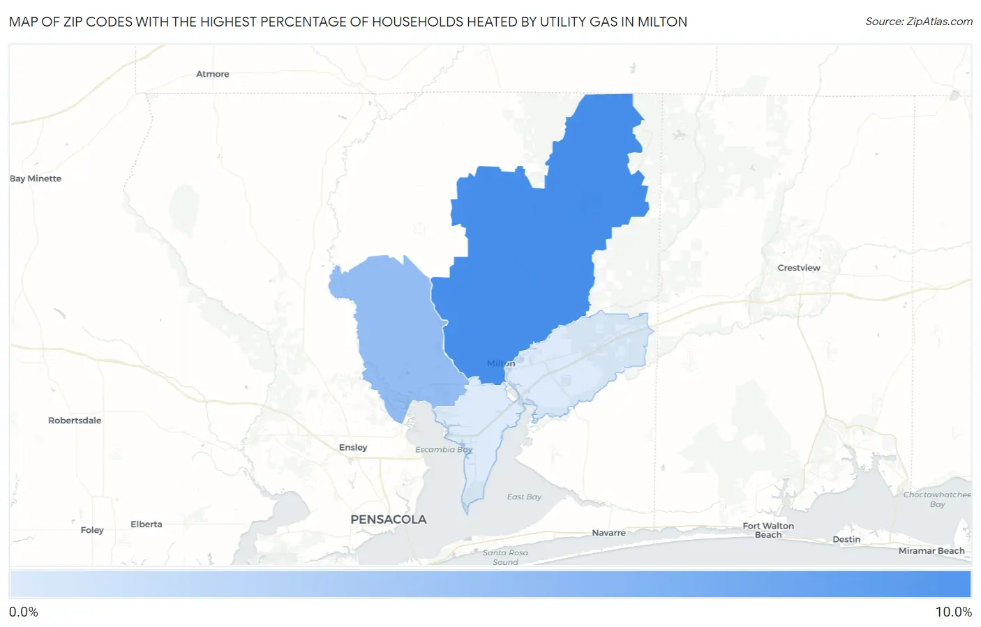 Zip Codes with the Highest Percentage of Households Heated by Utility Gas in Milton Map