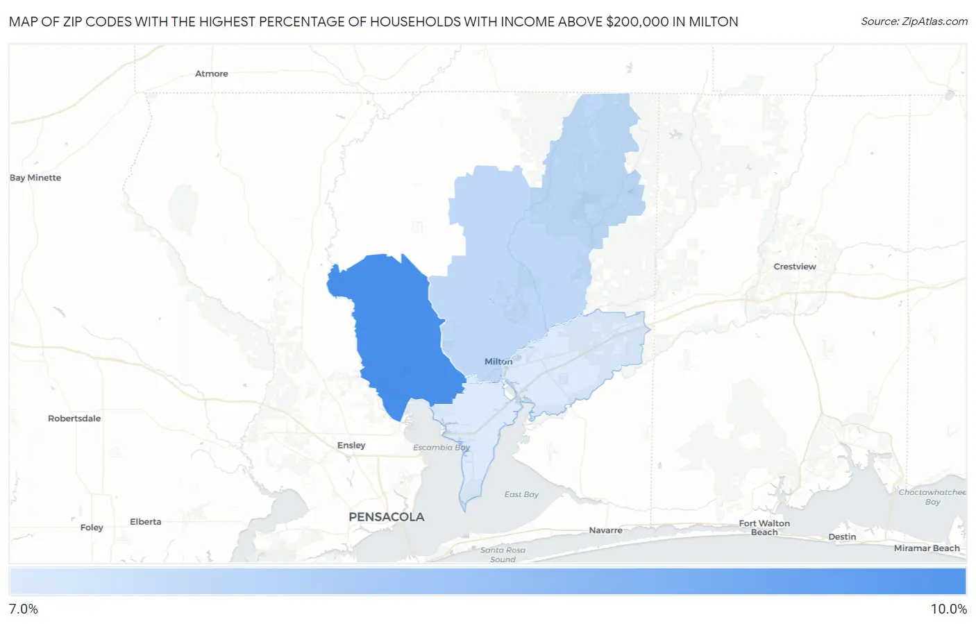 Zip Codes with the Highest Percentage of Households with Income Above $200,000 in Milton Map