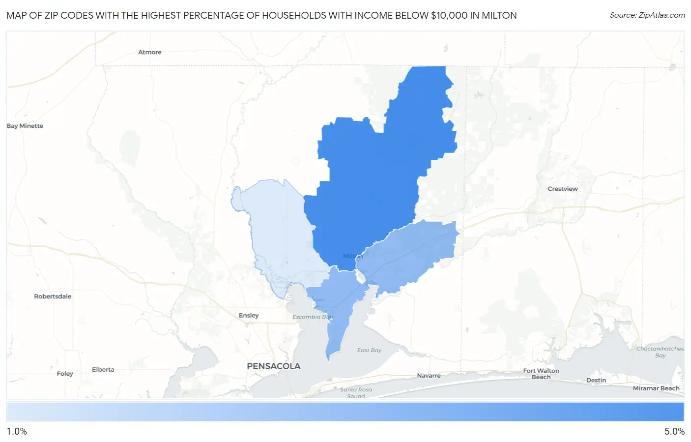 Zip Codes with the Highest Percentage of Households with Income Below $10,000 in Milton Map
