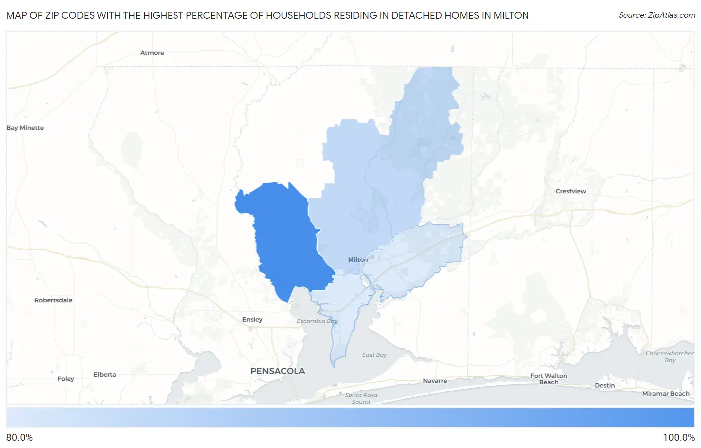 Zip Codes with the Highest Percentage of Households Residing in Detached Homes in Milton Map