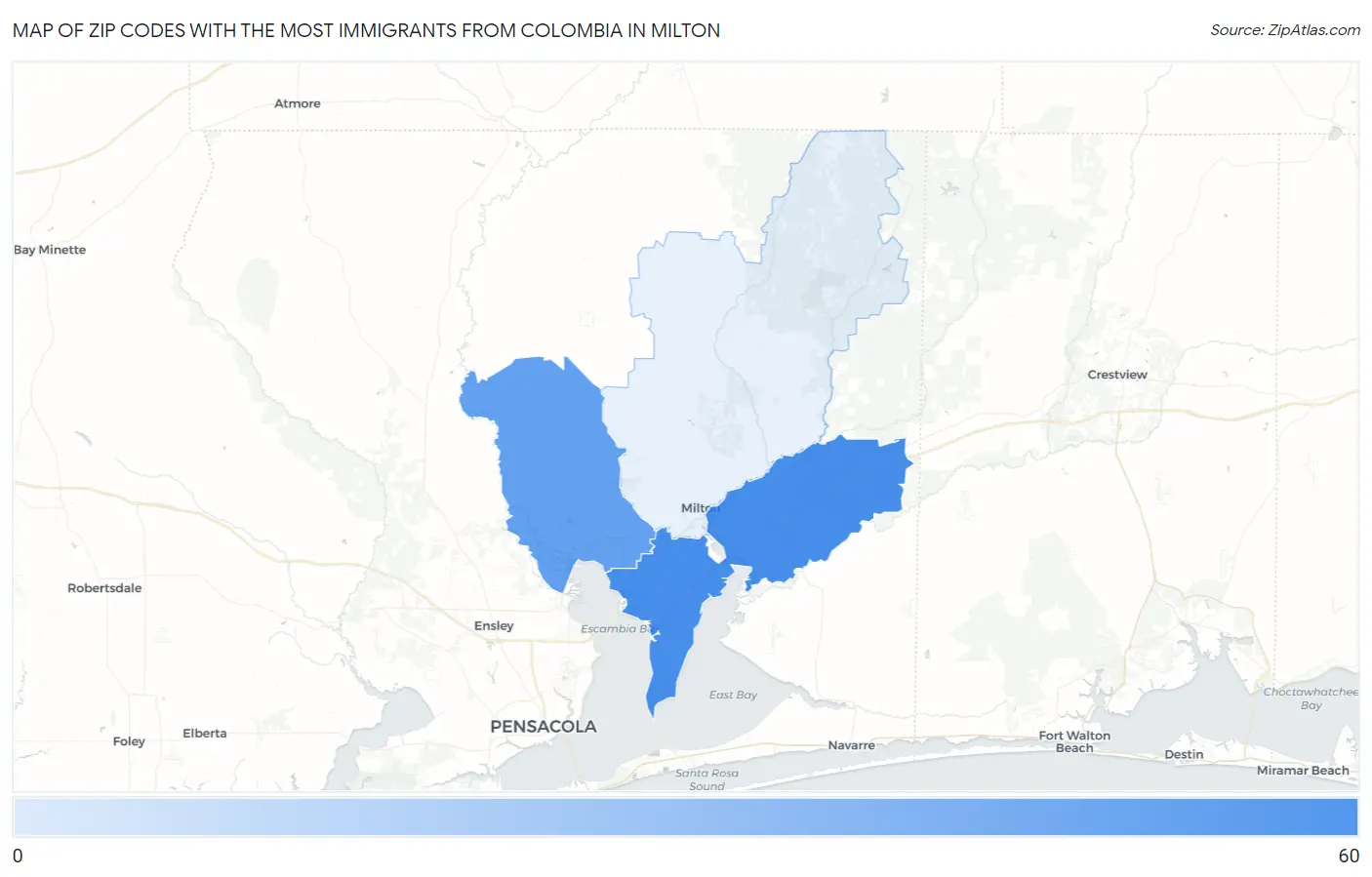 Zip Codes with the Most Immigrants from Colombia in Milton Map