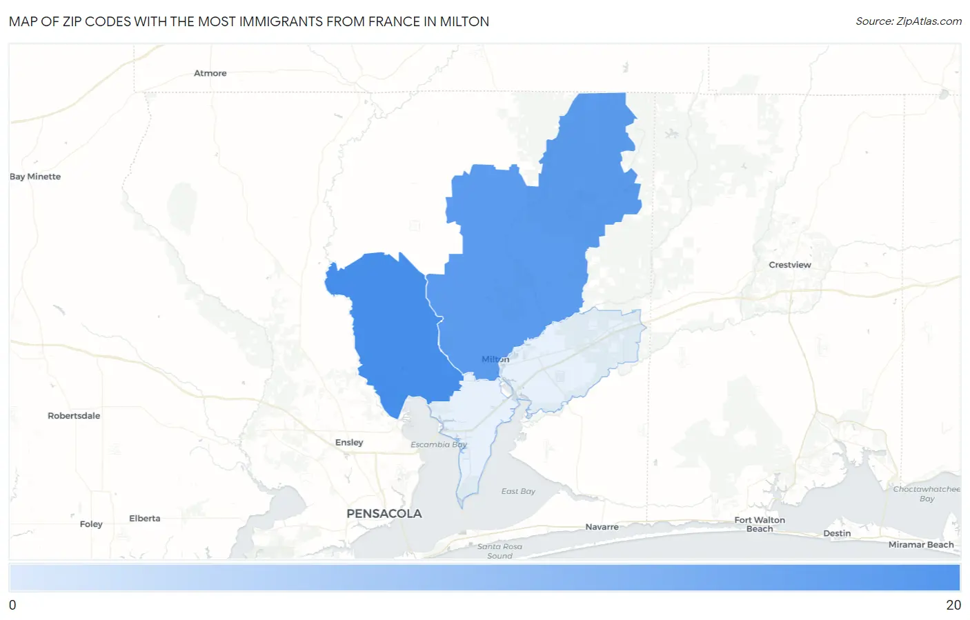 Zip Codes with the Most Immigrants from France in Milton Map