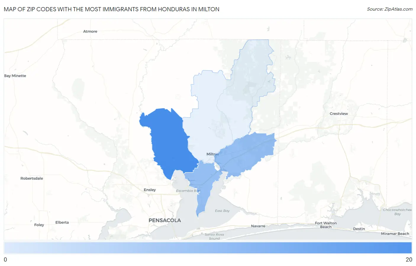 Zip Codes with the Most Immigrants from Honduras in Milton Map