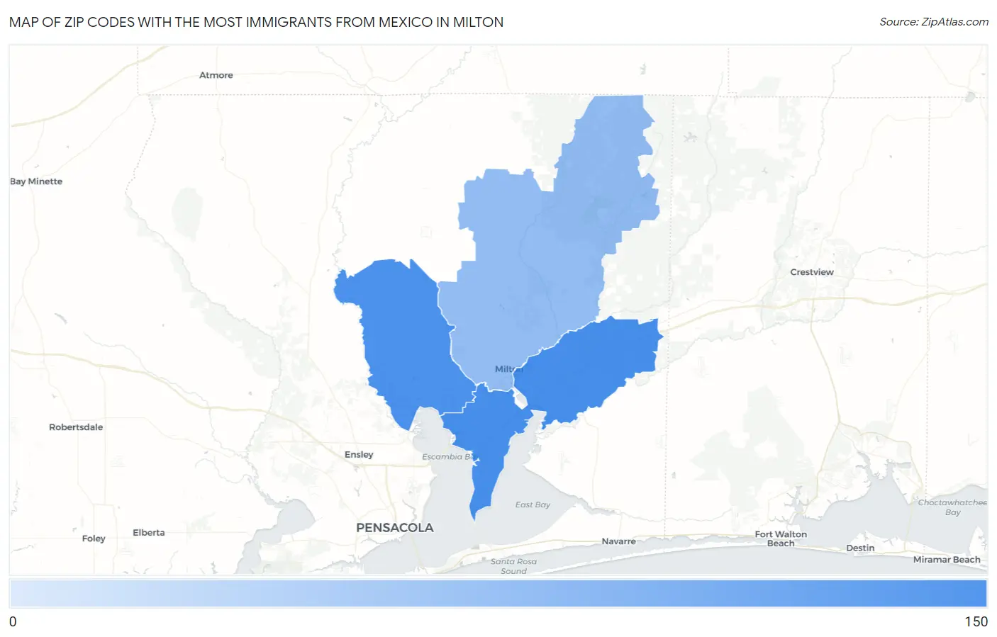 Zip Codes with the Most Immigrants from Mexico in Milton Map