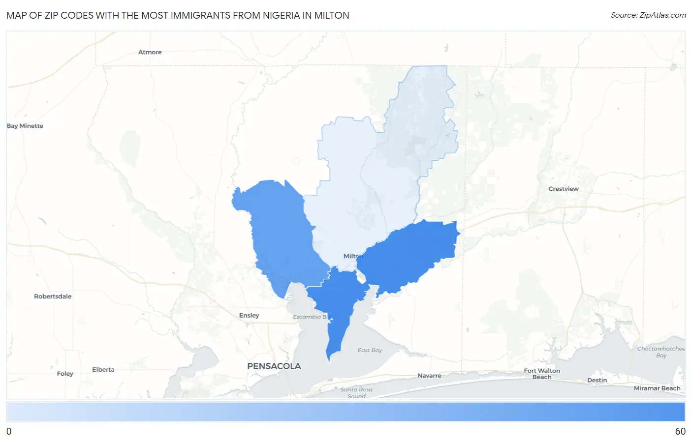 Zip Codes with the Most Immigrants from Nigeria in Milton Map