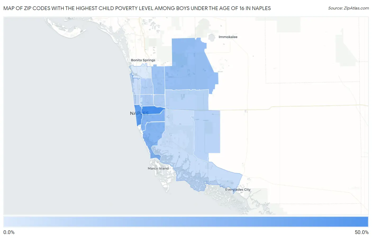 Zip Codes with the Highest Child Poverty Level Among Boys Under the Age of 16 in Naples Map