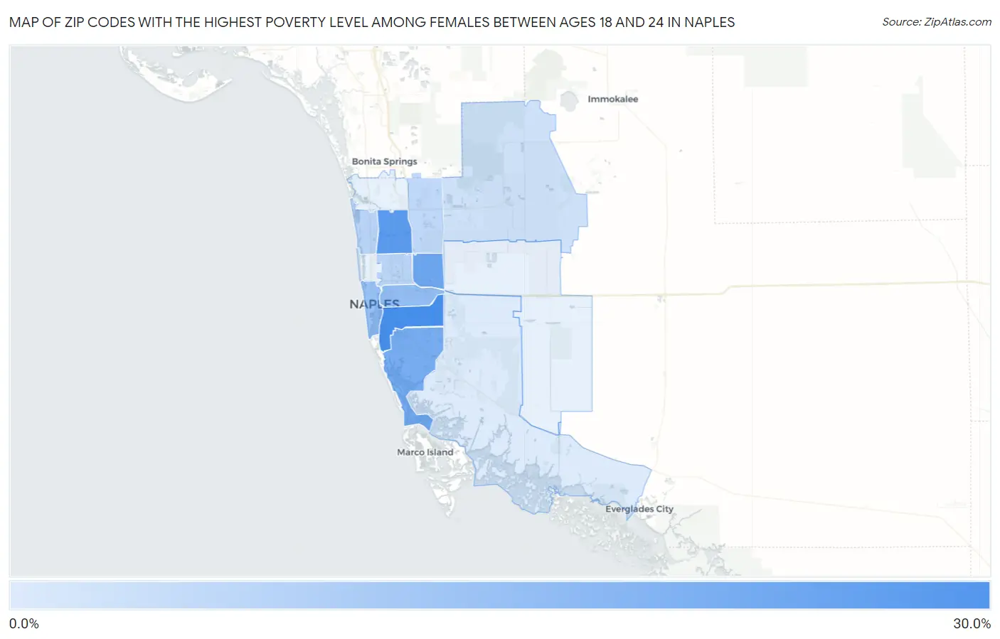 Zip Codes with the Highest Poverty Level Among Females Between Ages 18 and 24 in Naples Map