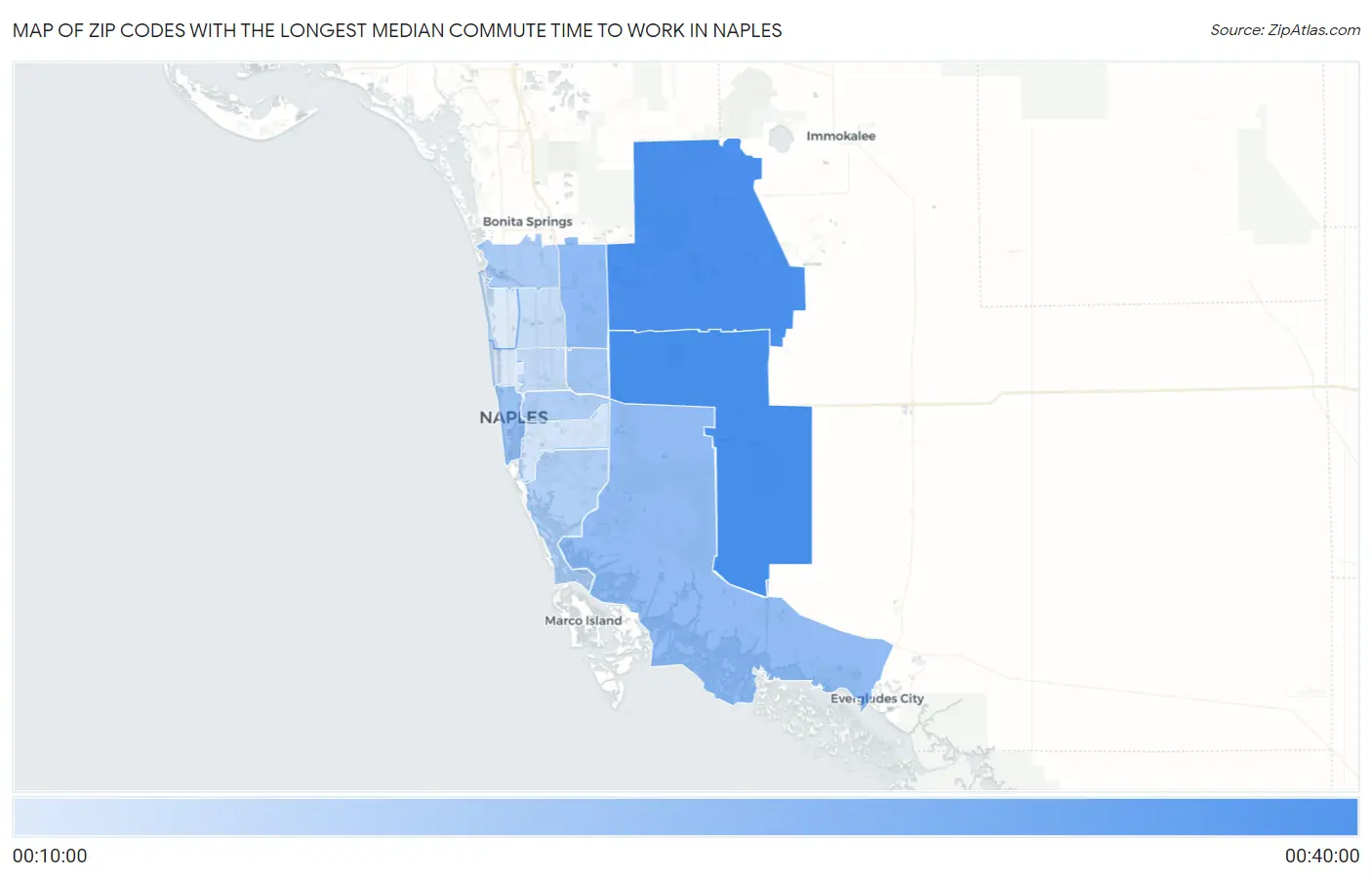 Zip Codes with the Longest Median Commute Time to Work in Naples Map