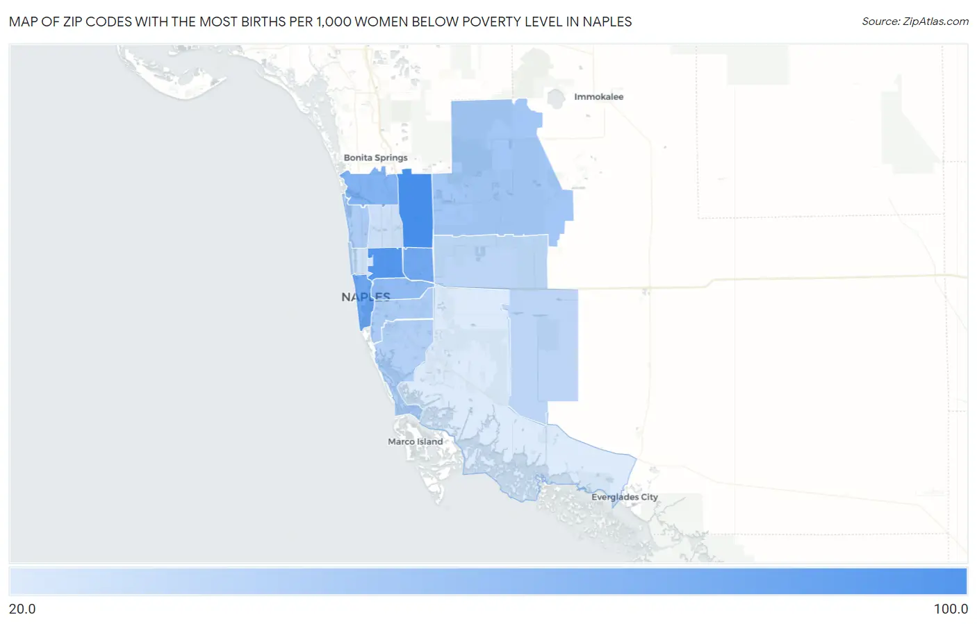 Zip Codes with the Most Births per 1,000 Women Below Poverty Level in Naples Map