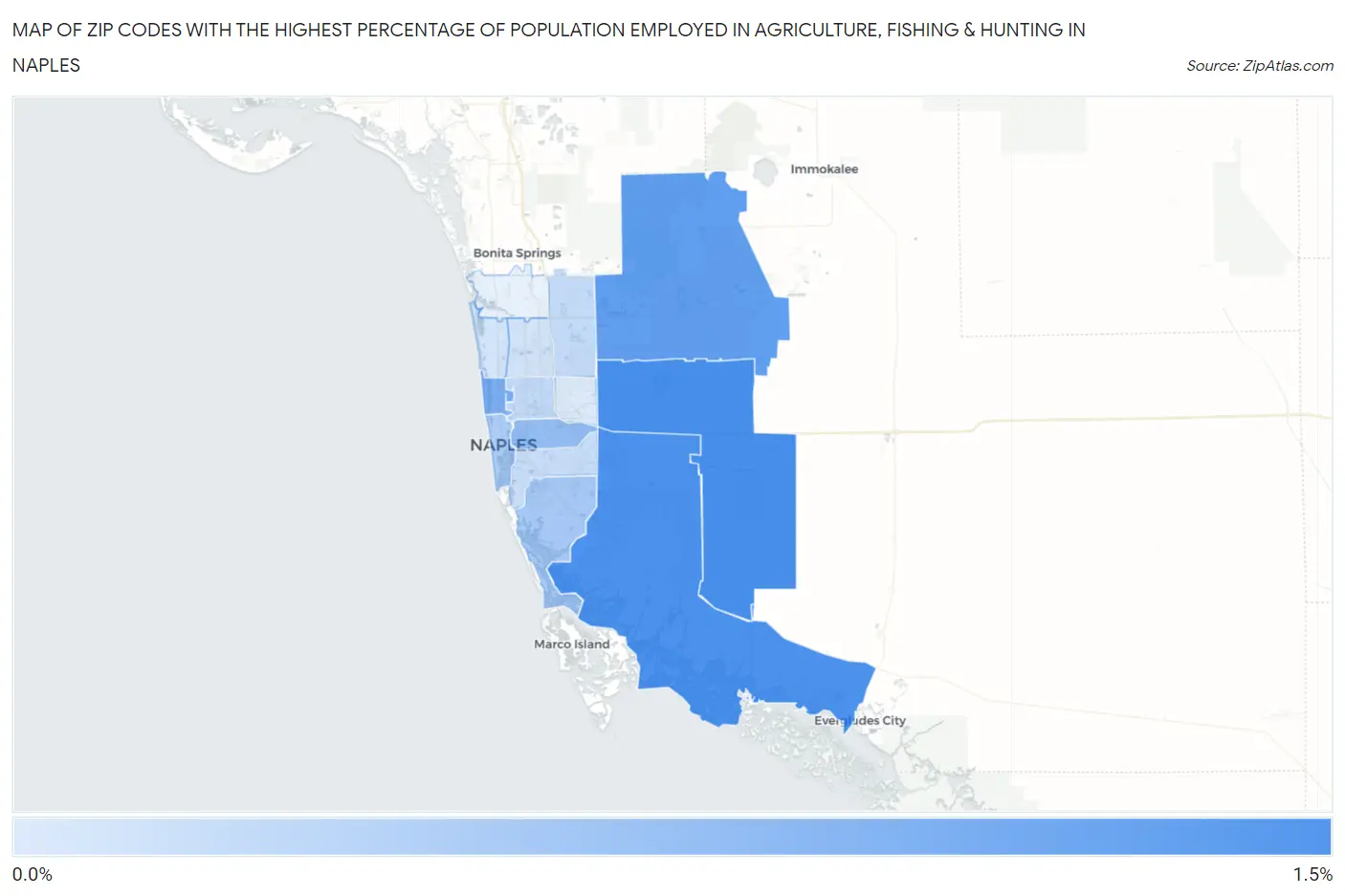 Zip Codes with the Highest Percentage of Population Employed in Agriculture, Fishing & Hunting in Naples Map
