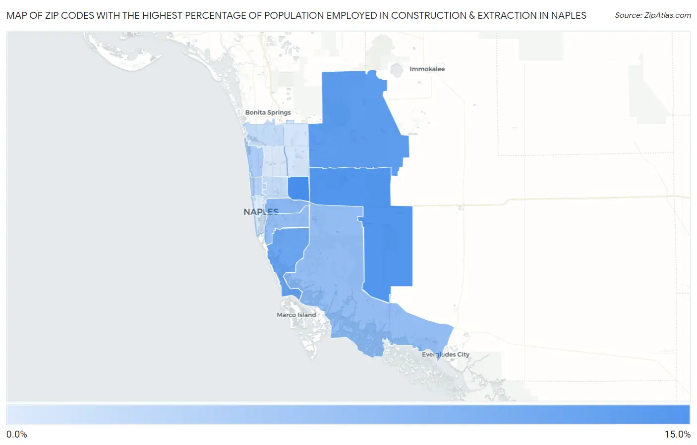 Zip Codes with the Highest Percentage of Population Employed in Construction & Extraction in Naples Map