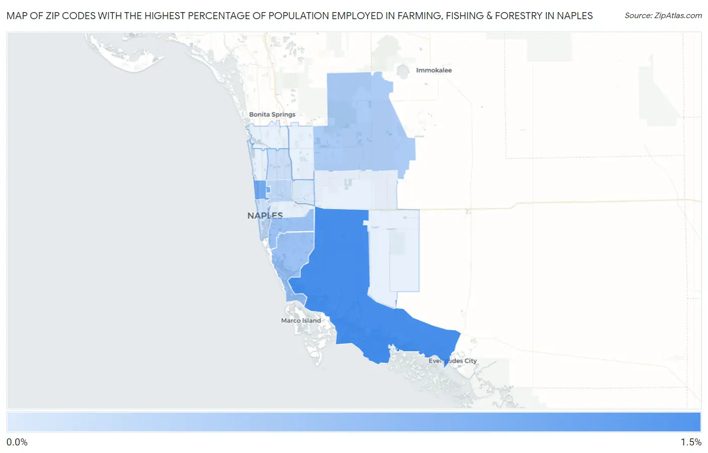 Zip Codes with the Highest Percentage of Population Employed in Farming, Fishing & Forestry in Naples Map