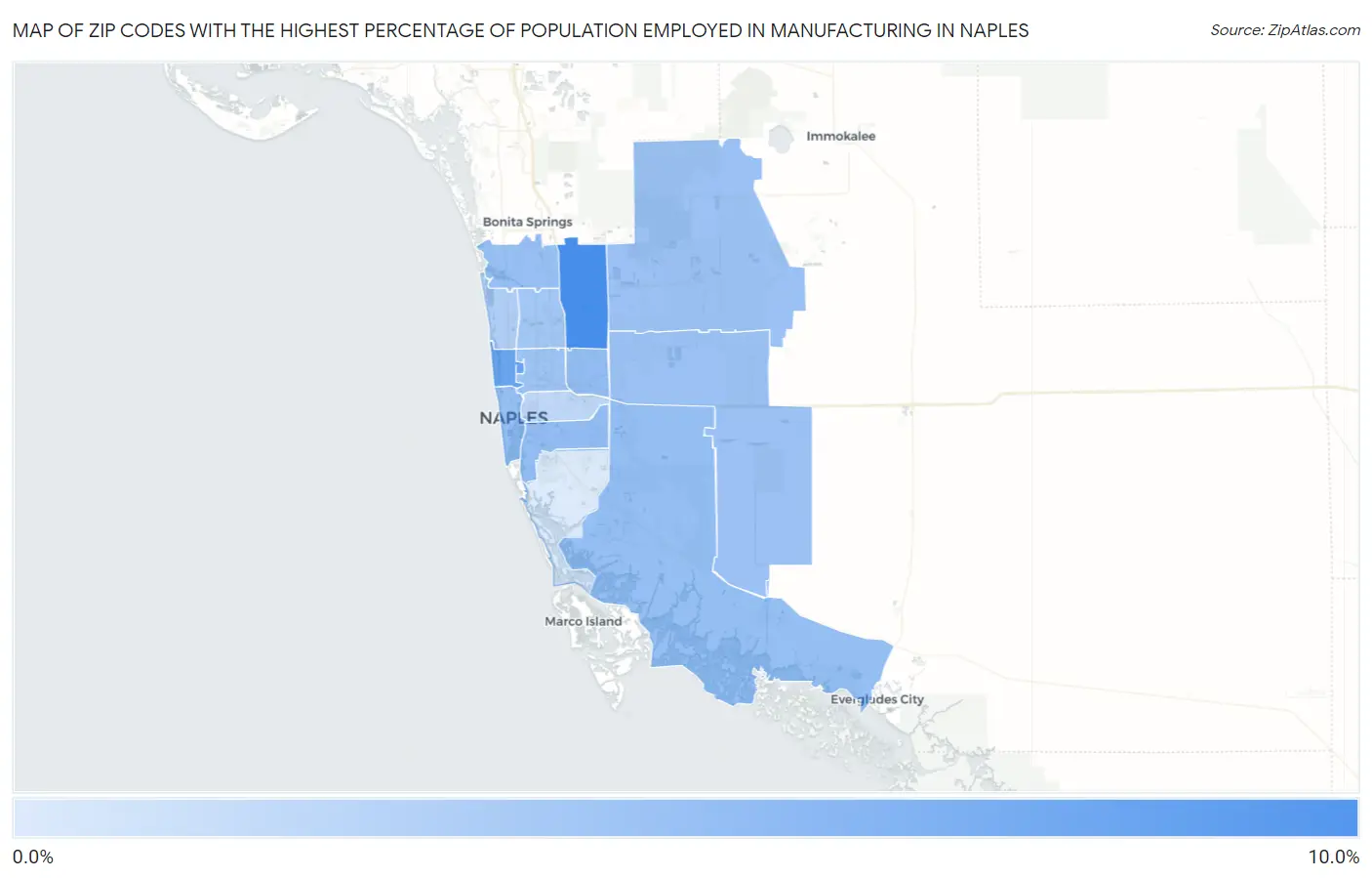 Zip Codes with the Highest Percentage of Population Employed in Manufacturing in Naples Map