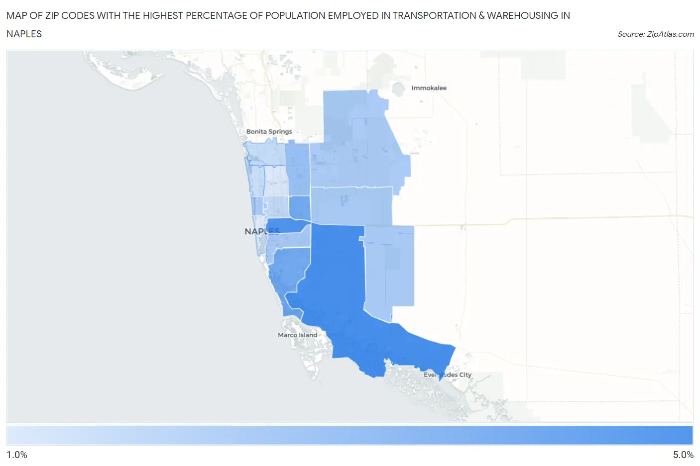 Zip Codes with the Highest Percentage of Population Employed in Transportation & Warehousing in Naples Map