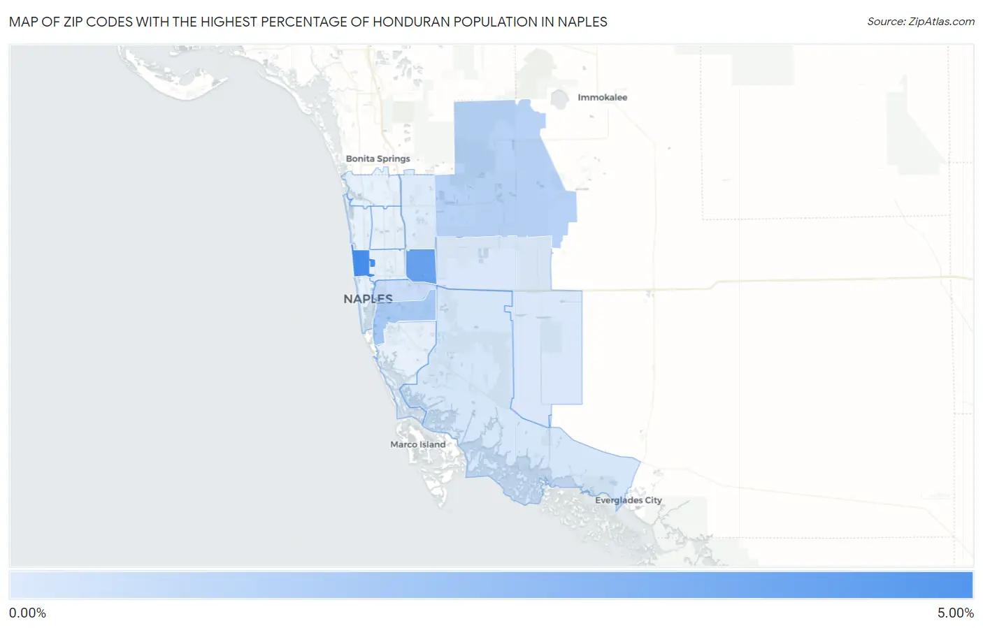 Zip Codes with the Highest Percentage of Honduran Population in Naples Map