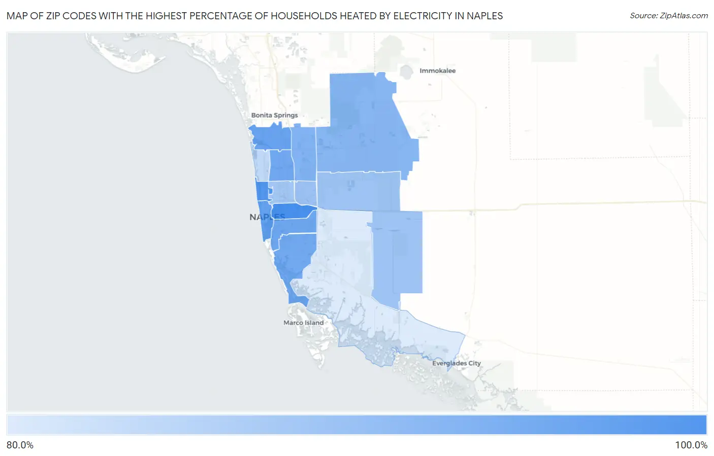 Zip Codes with the Highest Percentage of Households Heated by Electricity in Naples Map