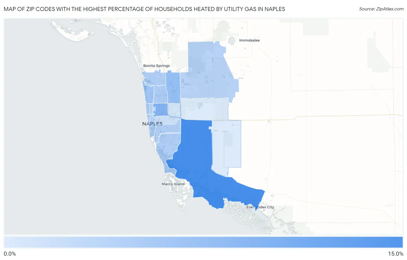 Zip Codes with the Highest Percentage of Households Heated by Utility Gas in Naples Map