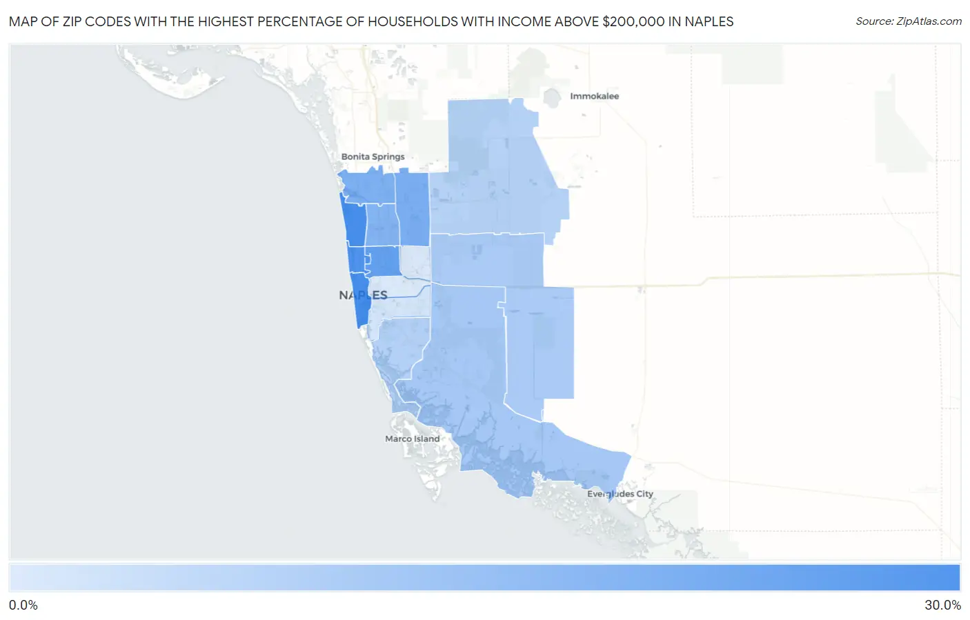 Zip Codes with the Highest Percentage of Households with Income Above $200,000 in Naples Map