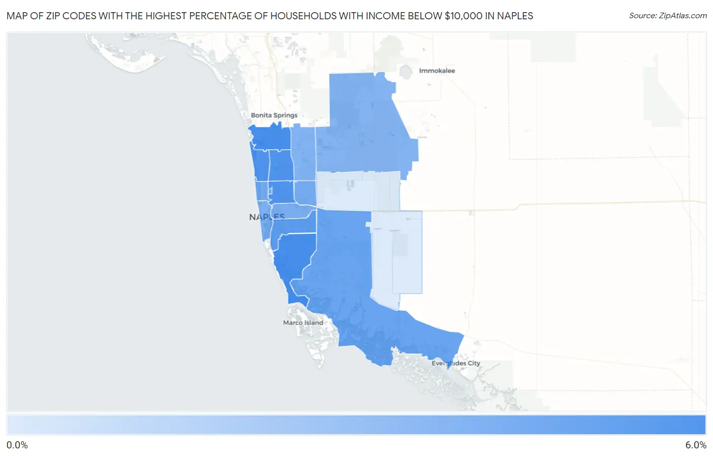 Zip Codes with the Highest Percentage of Households with Income Below $10,000 in Naples Map
