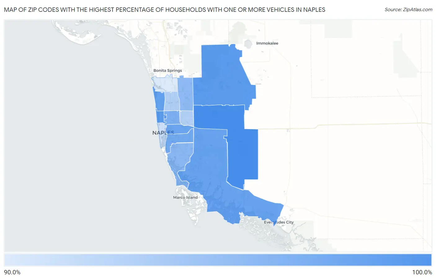 Zip Codes with the Highest Percentage of Households With One or more Vehicles in Naples Map