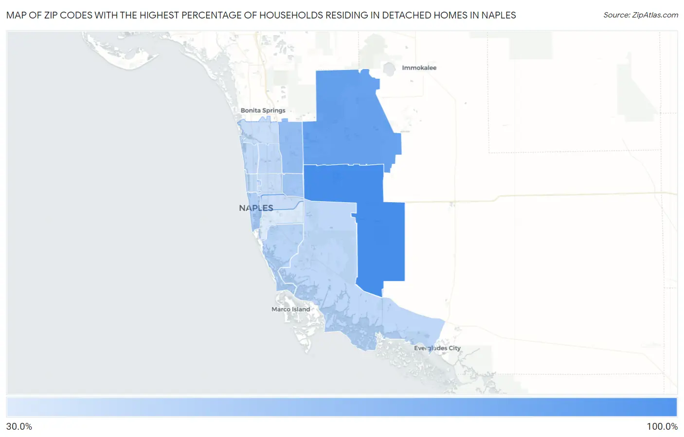 Zip Codes with the Highest Percentage of Households Residing in Detached Homes in Naples Map