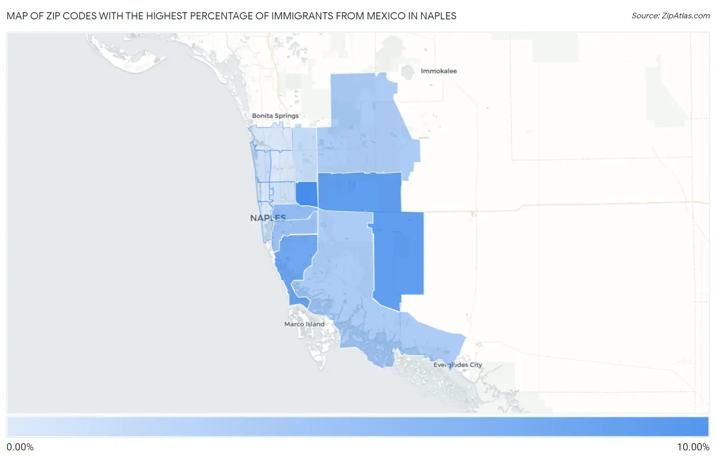 Zip Codes with the Highest Percentage of Immigrants from Mexico in Naples Map
