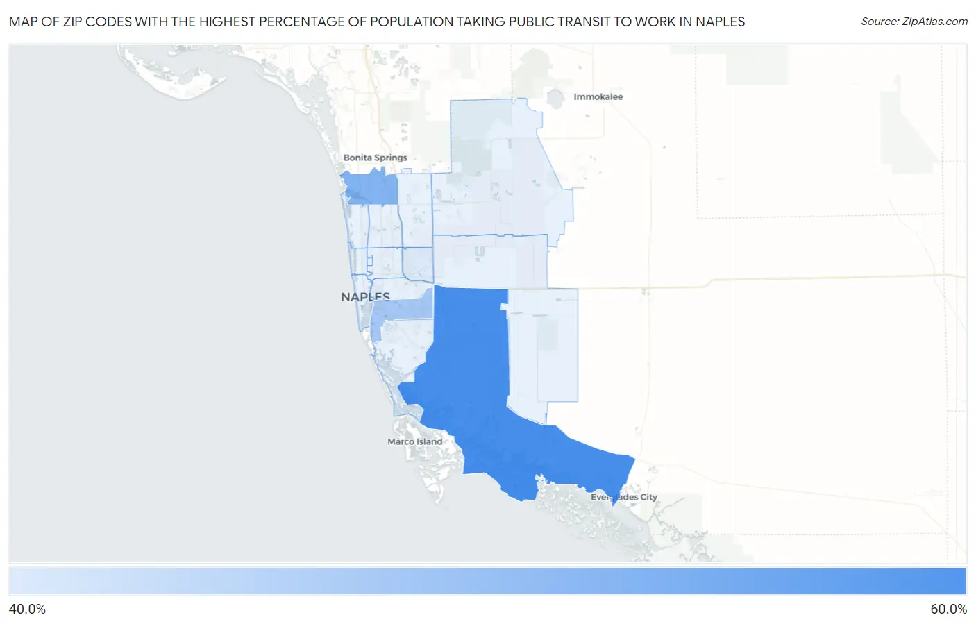 Zip Codes with the Highest Percentage of Population Taking Public Transit to Work in Naples Map