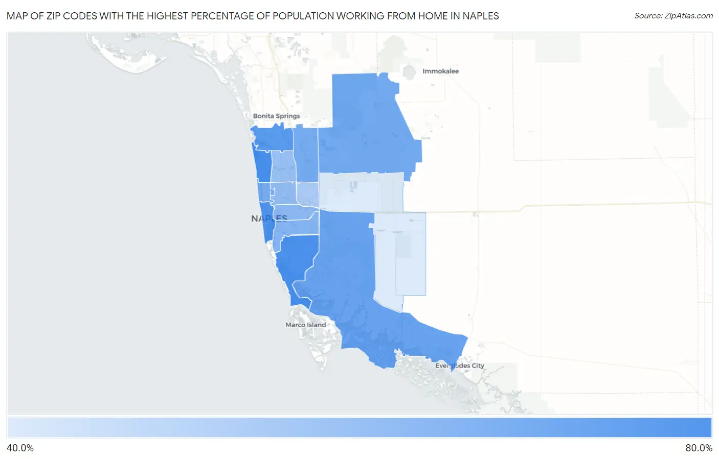 Zip Codes with the Highest Percentage of Population Working from Home in Naples Map