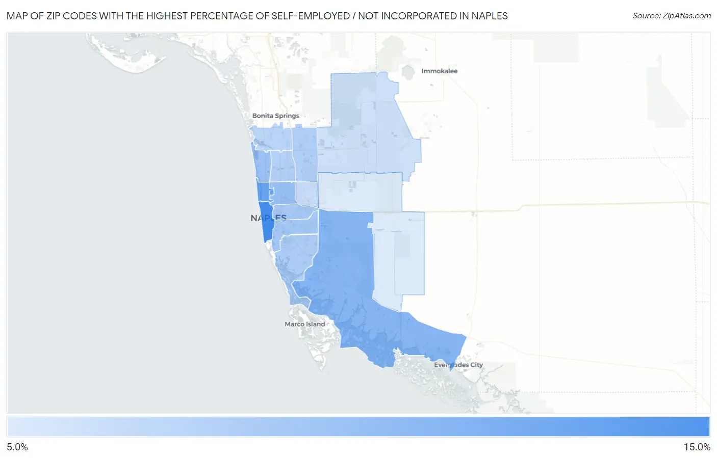 Zip Codes with the Highest Percentage of Self-Employed / Not Incorporated in Naples Map