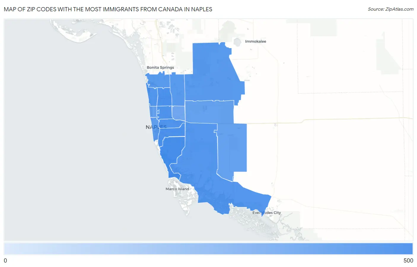 Zip Codes with the Most Immigrants from Canada in Naples Map