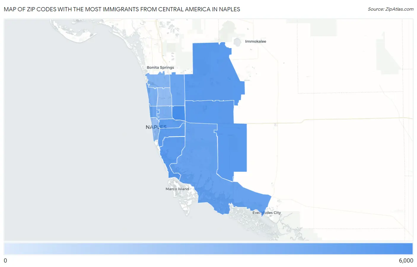 Zip Codes with the Most Immigrants from Central America in Naples Map